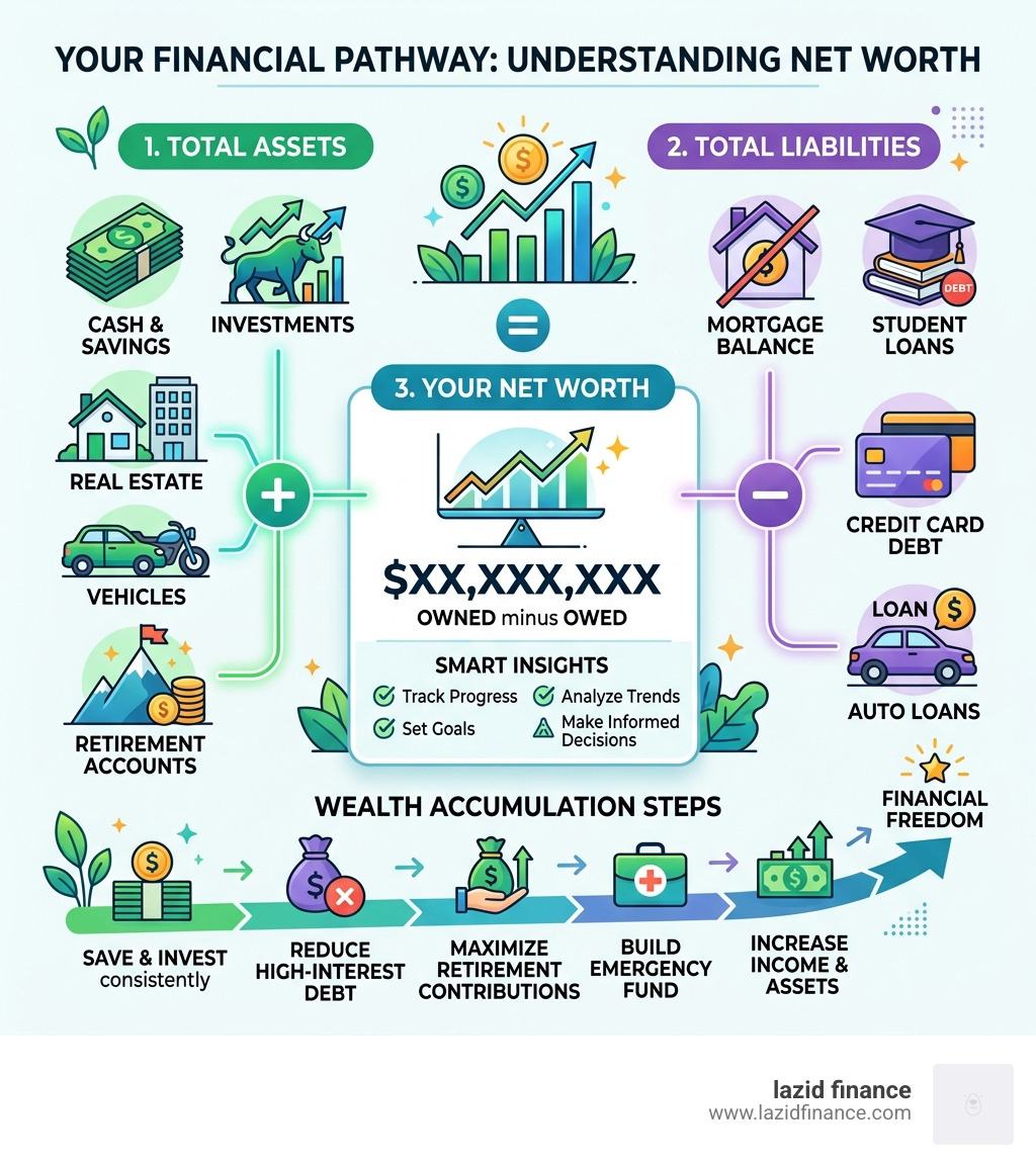 Net worth formula showing assets minus liabilities equals net worth with wealth accumulation steps - smart net worth