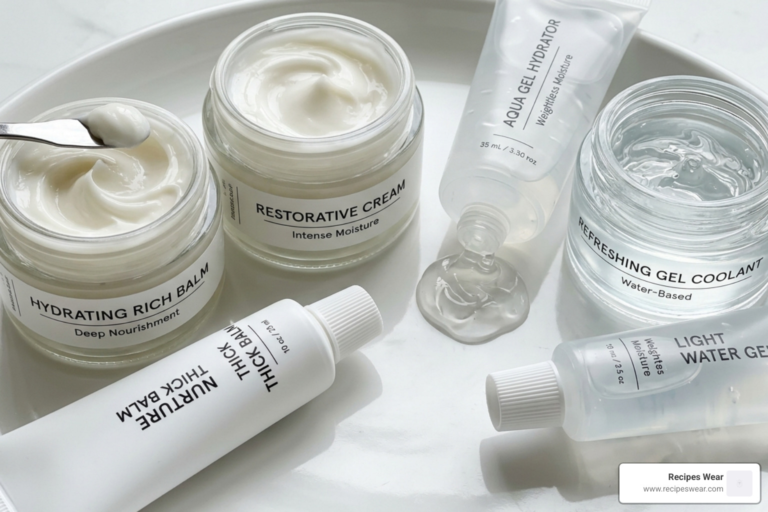 Various cream and gel textures showing the difference between lightweight and rich formulas - best face cream to use