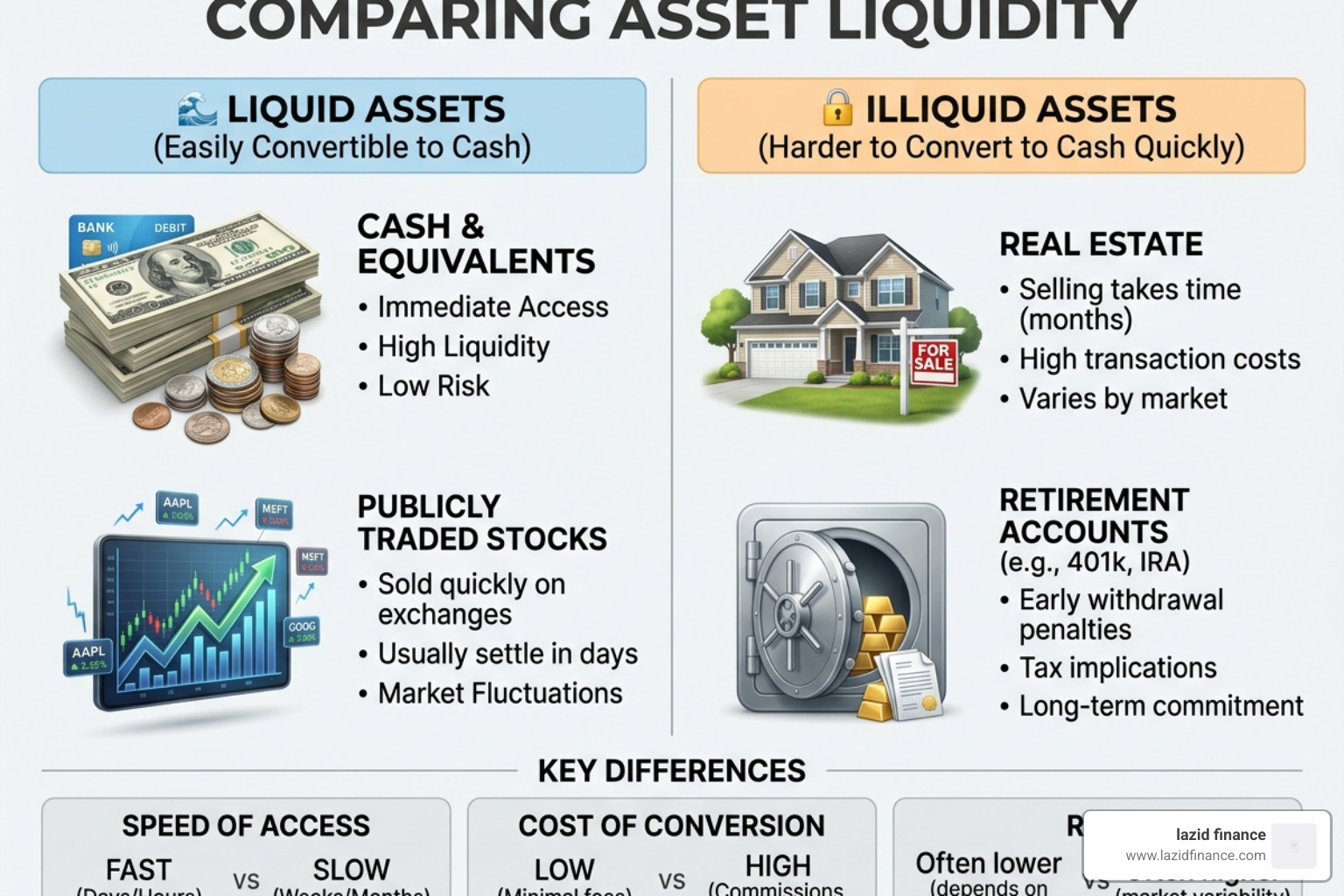 Diagram showing liquid vs illiquid asset comparison - smart net worth calculator