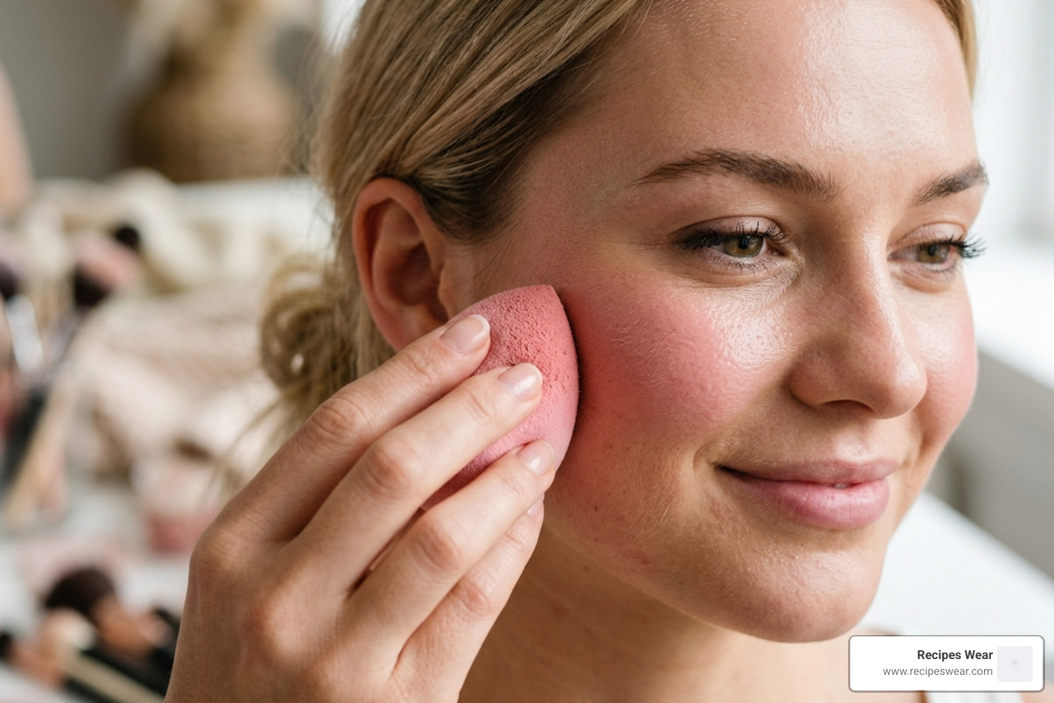 demonstration of the tapping technique with a makeup sponge for liquid blush - Como aplicar blush