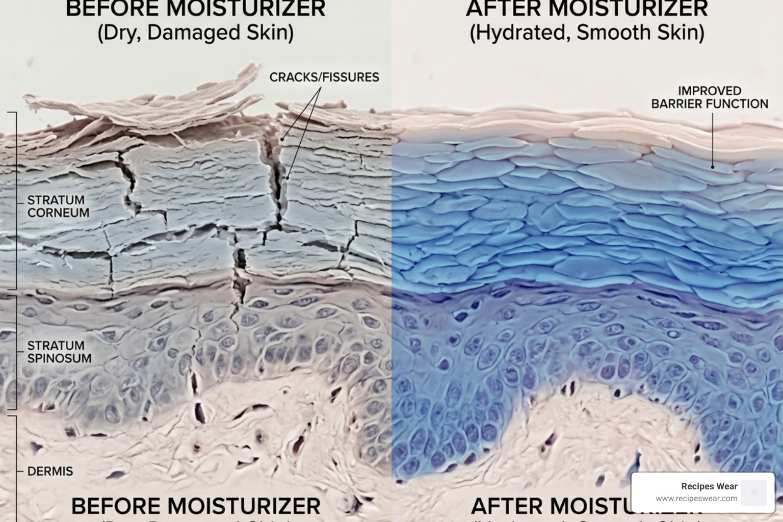 Microscopic view of skin hydration levels before and after moisturizer application - everyday face cream