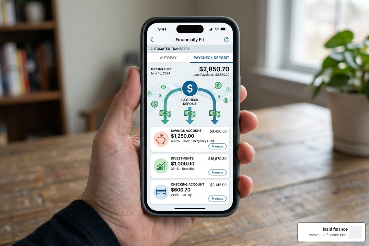 automated bank transfers showing money moving from paycheck to different accounts - conscious budget vs actuals