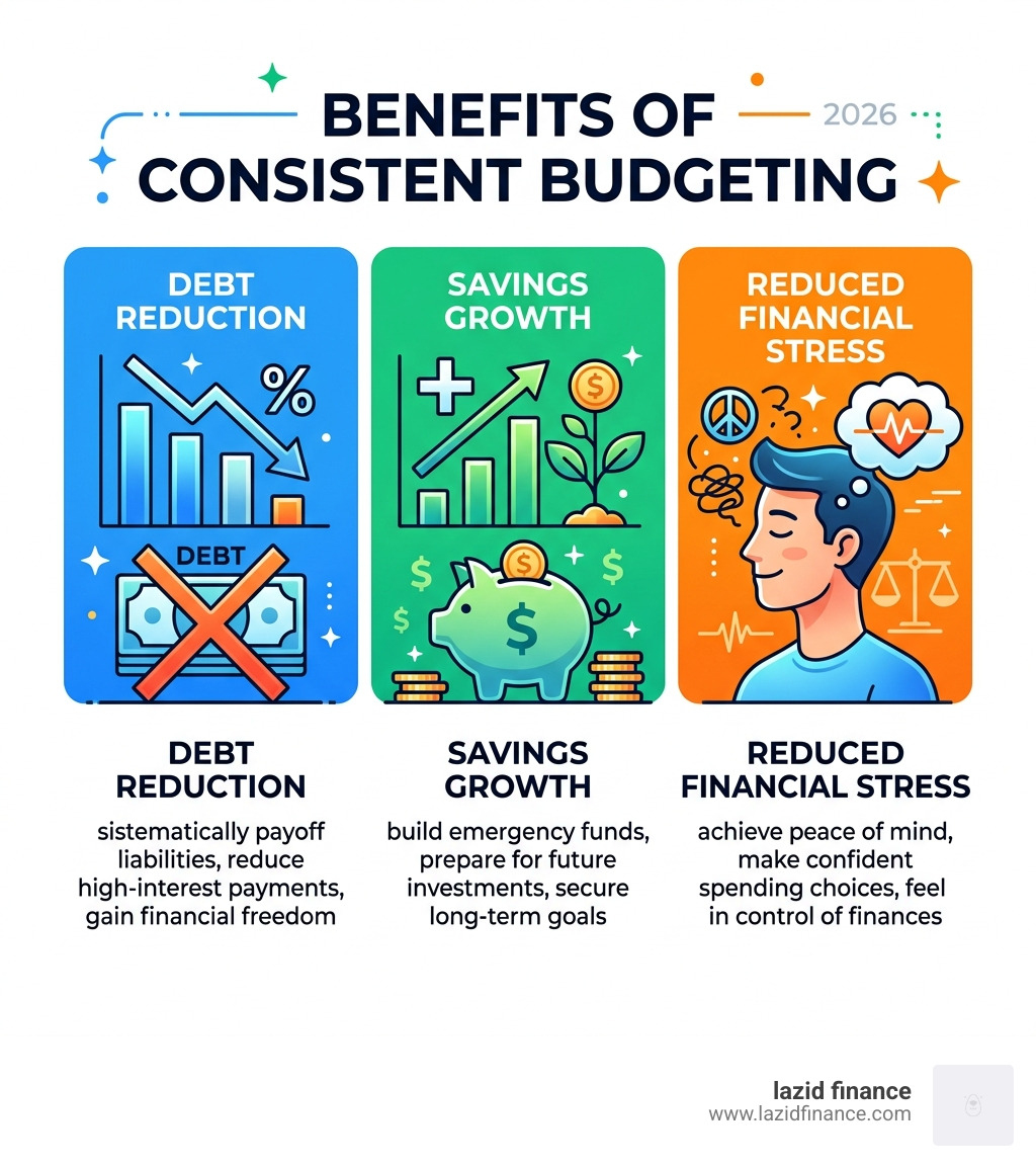 Benefits of consistent budgeting including debt reduction, savings growth, and reduced financial stress - free budgeting