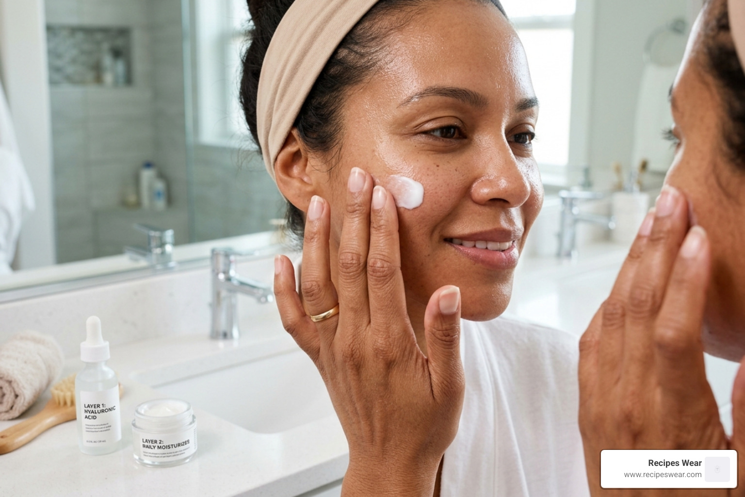 A person correctly layering a dime-sized amount of face cream over a serum - best face cream to use