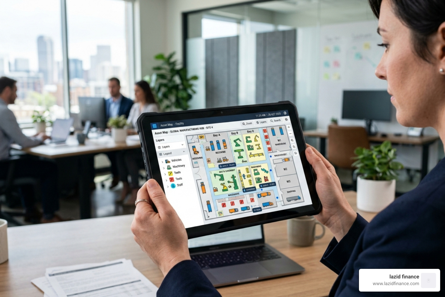 A tablet showing a real-time asset map with various equipment icons located across a facility - smart asset tracking app