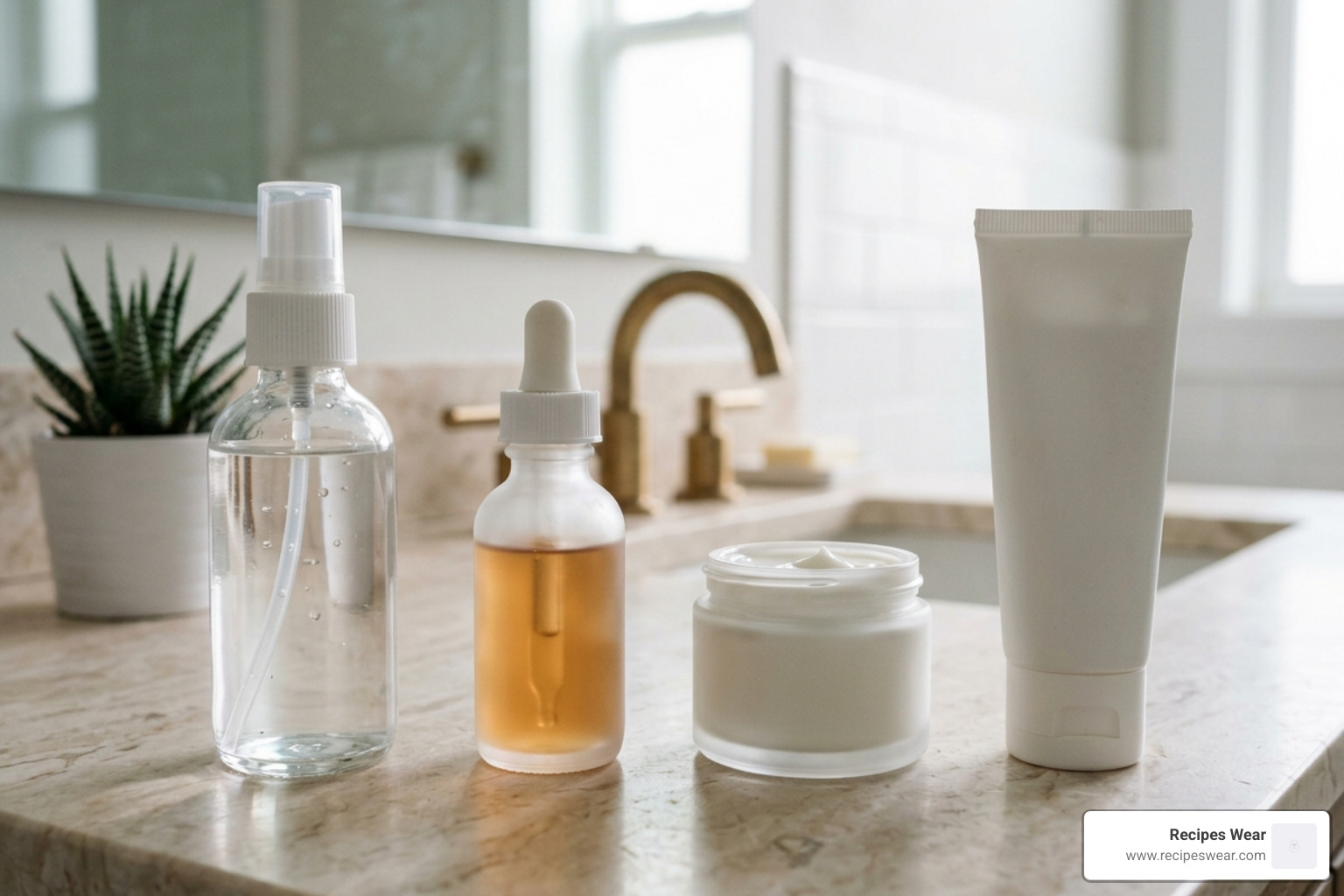 products arranged from thinnest to thickest texture - skin care rotina