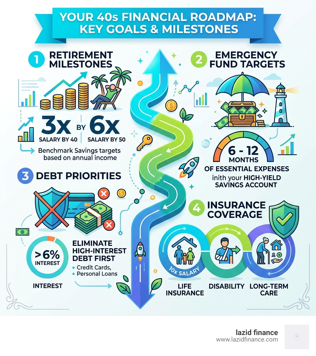 40s financial roadmap infographic showing retirement milestones, emergency fund targets, debt priorities, and insurance