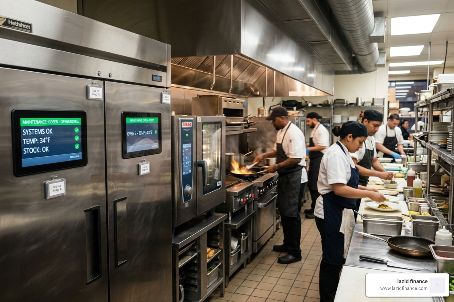 A busy restaurant kitchen with smart tags on refrigerators and ovens, highlighting maintenance status - smart asset tracking
