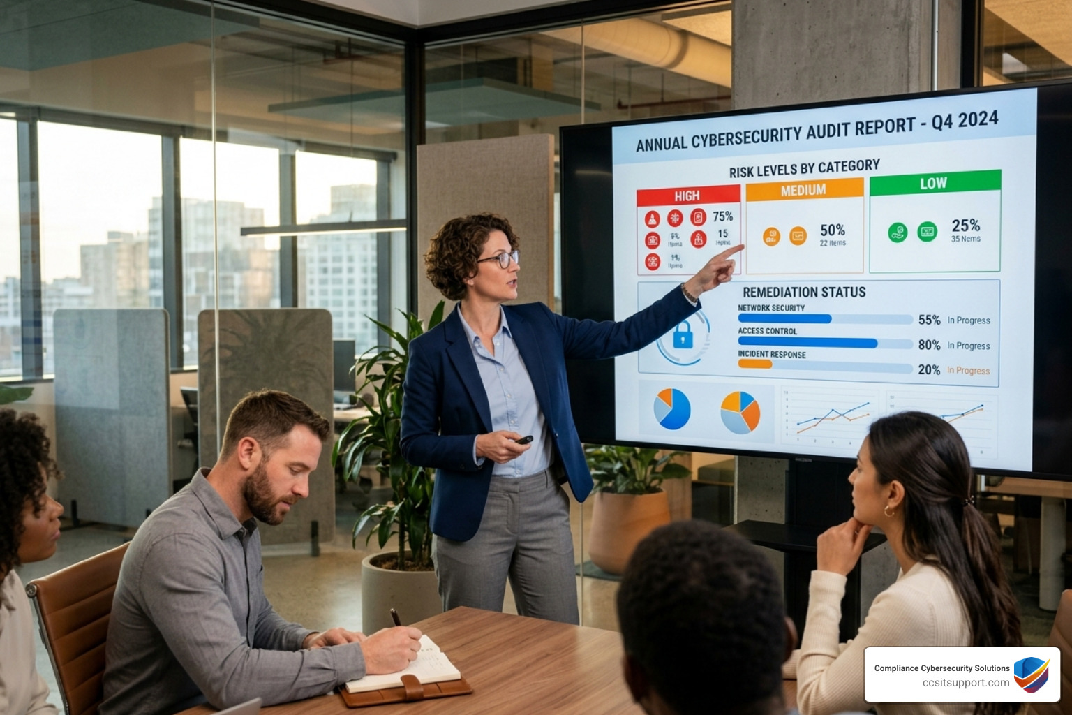 Professional audit report presentation showing risk levels and remediation status - cybersecurity audit program Professional audit report presentation showing risk levels and remediation status - cybersecurity audit program