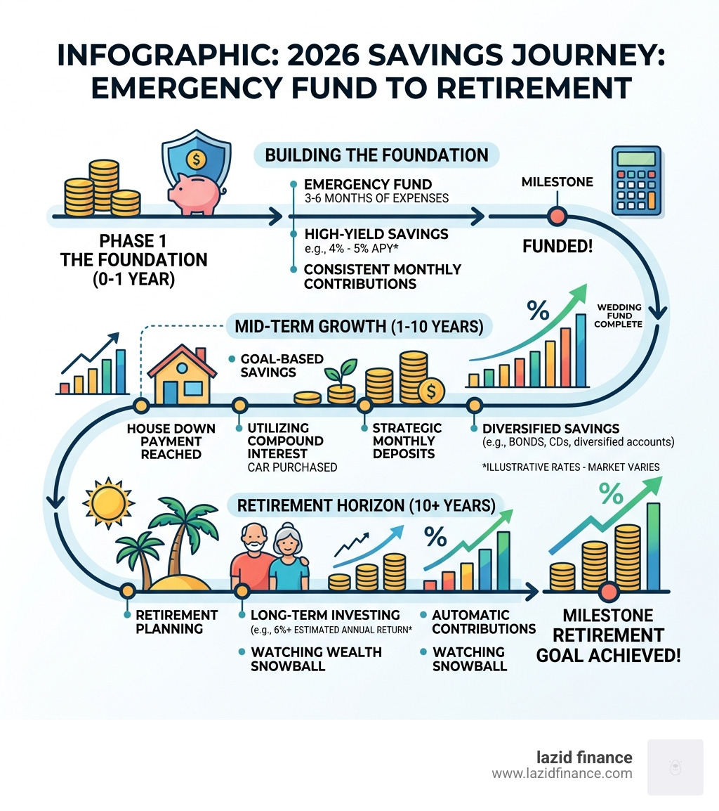 Infographic: 2026 savings journey from emergency fund to retirement, showing monthly contributions, interest rates, and