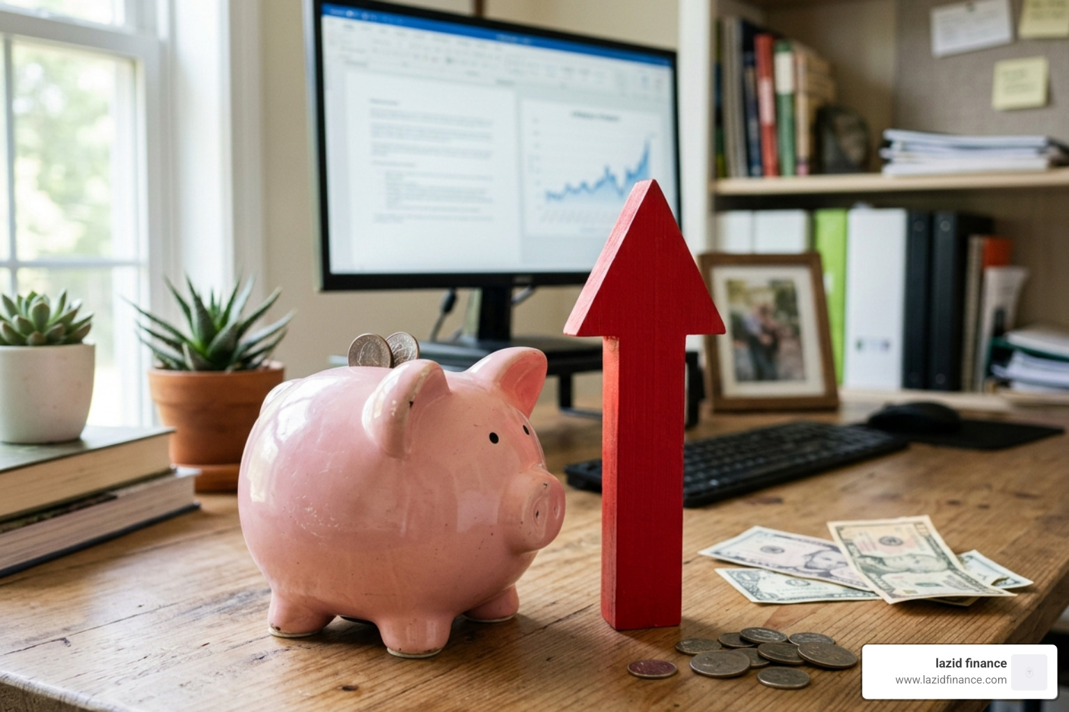 A piggy bank sitting next to a red arrow pointing upward representing rising inflation and eroding purchasing power