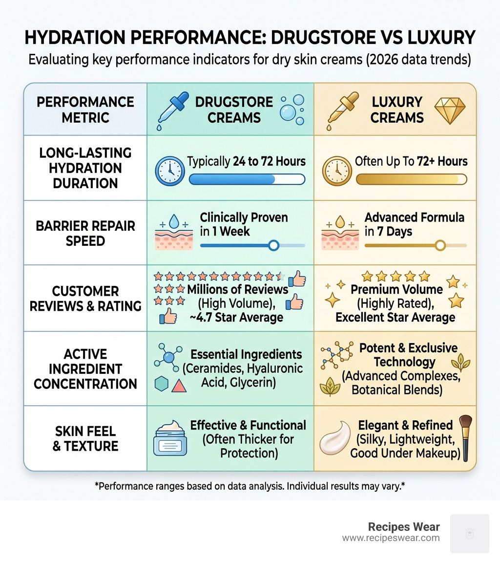 drugstore vs luxury hydration performance table - best skin care cream for dry skin infographic 