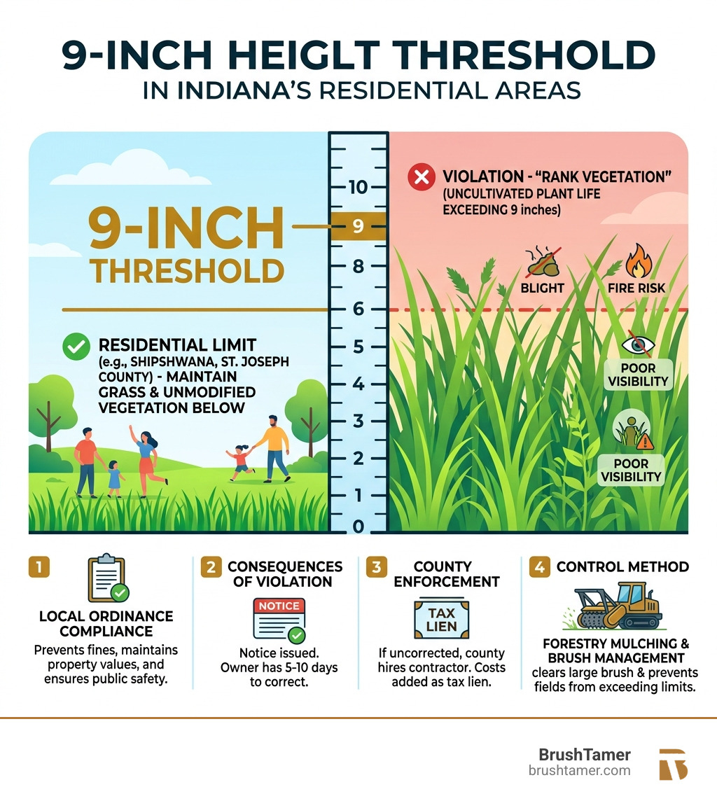 Infographic showing the 9-inch height threshold for vegetation in Indiana residential areas - heavy vegetation control