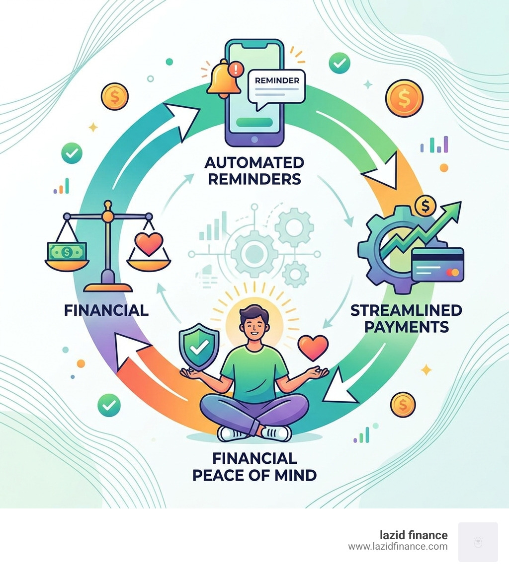cycle of automated bill tracking showing reminders, payment, and financial peace of mind - digital bill organizer app