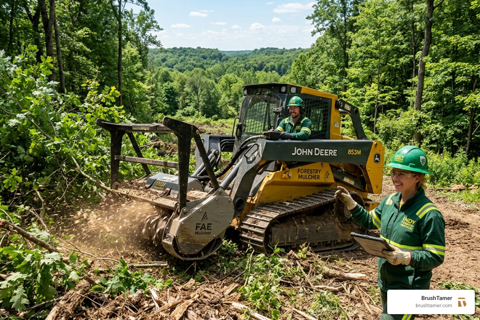Professional male and female operators using a forestry mulcher to clear dense brush in Northern Indiana - heavy vegetation