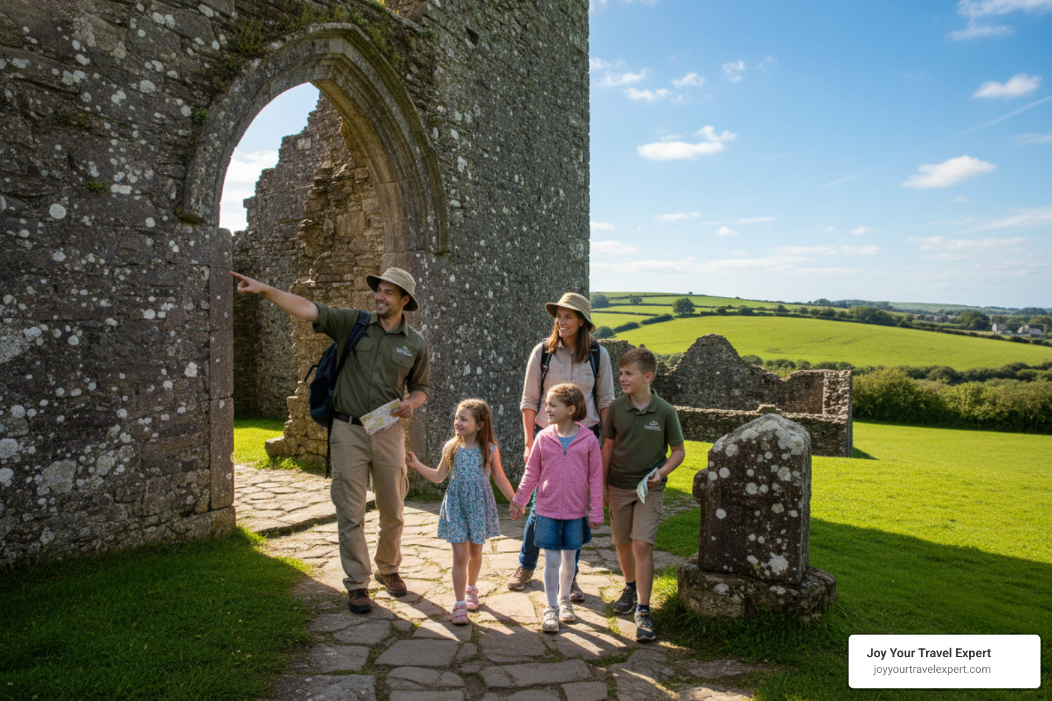 Disney Adventure Guides leading a family through a historic Irish site - adventures by disney ireland Disney Adventure Guides leading a family through a historic Irish site - adventures by disney ireland