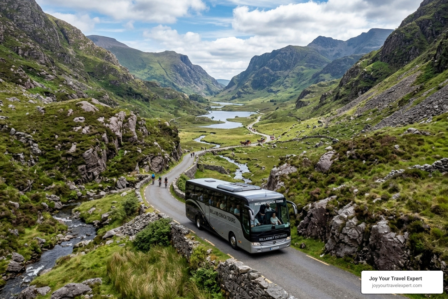 A luxury motorcoach traveling through the scenic Gap of Dunloe in Killarney - adventures by disney ireland A luxury motorcoach traveling through the scenic Gap of Dunloe in Killarney - adventures by disney ireland