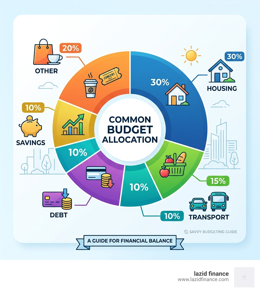 infographic showing common budget categories: 30% housing, 15% food, 10% transport, 15% debt, 10% savings, 20% other - free