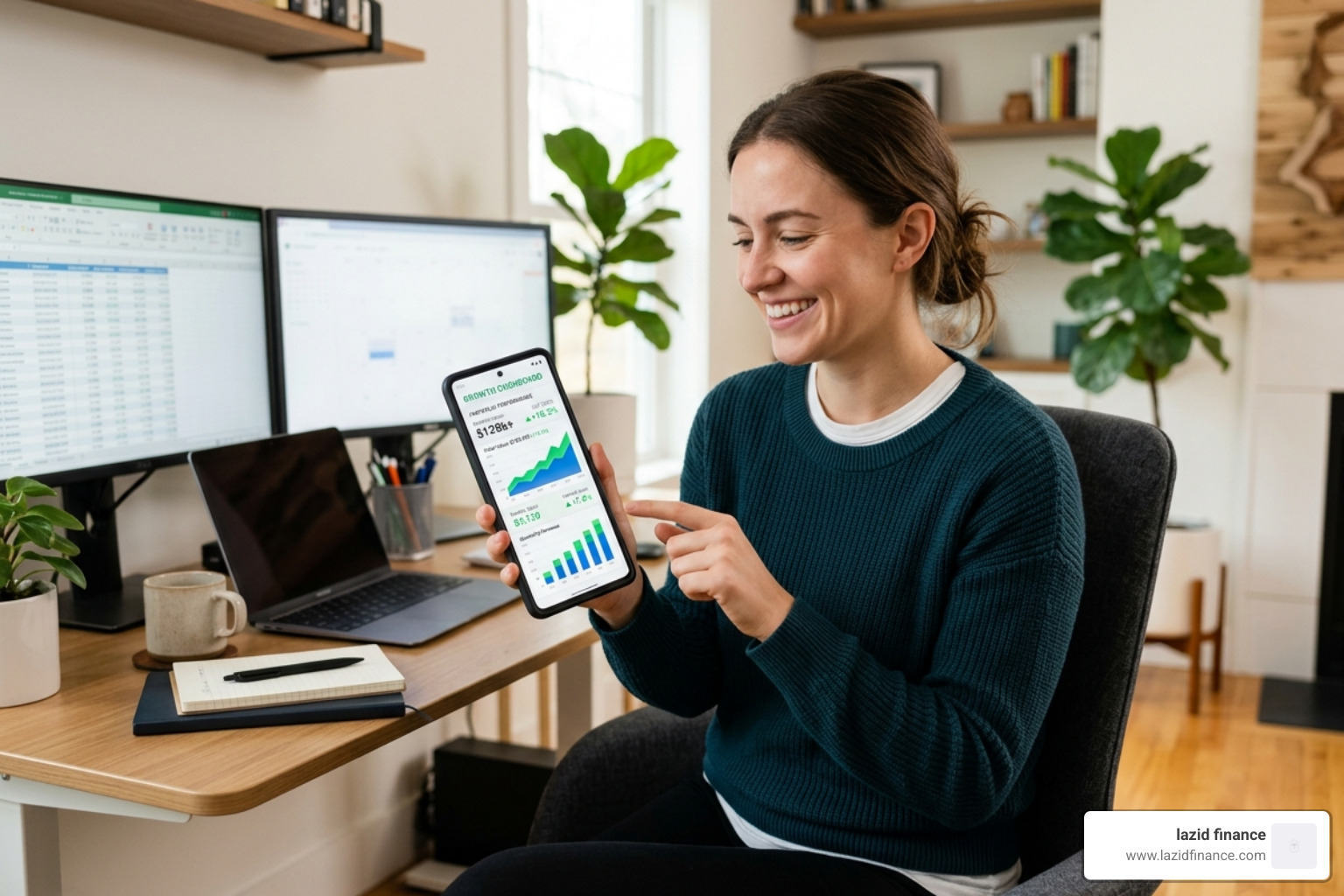 A person reviewing digital financial dashboards on a smartphone showing growth - track income and expenses