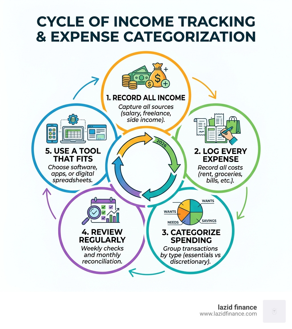 Cycle of income tracking and expense categorization with key steps - track income and expenses infographic 