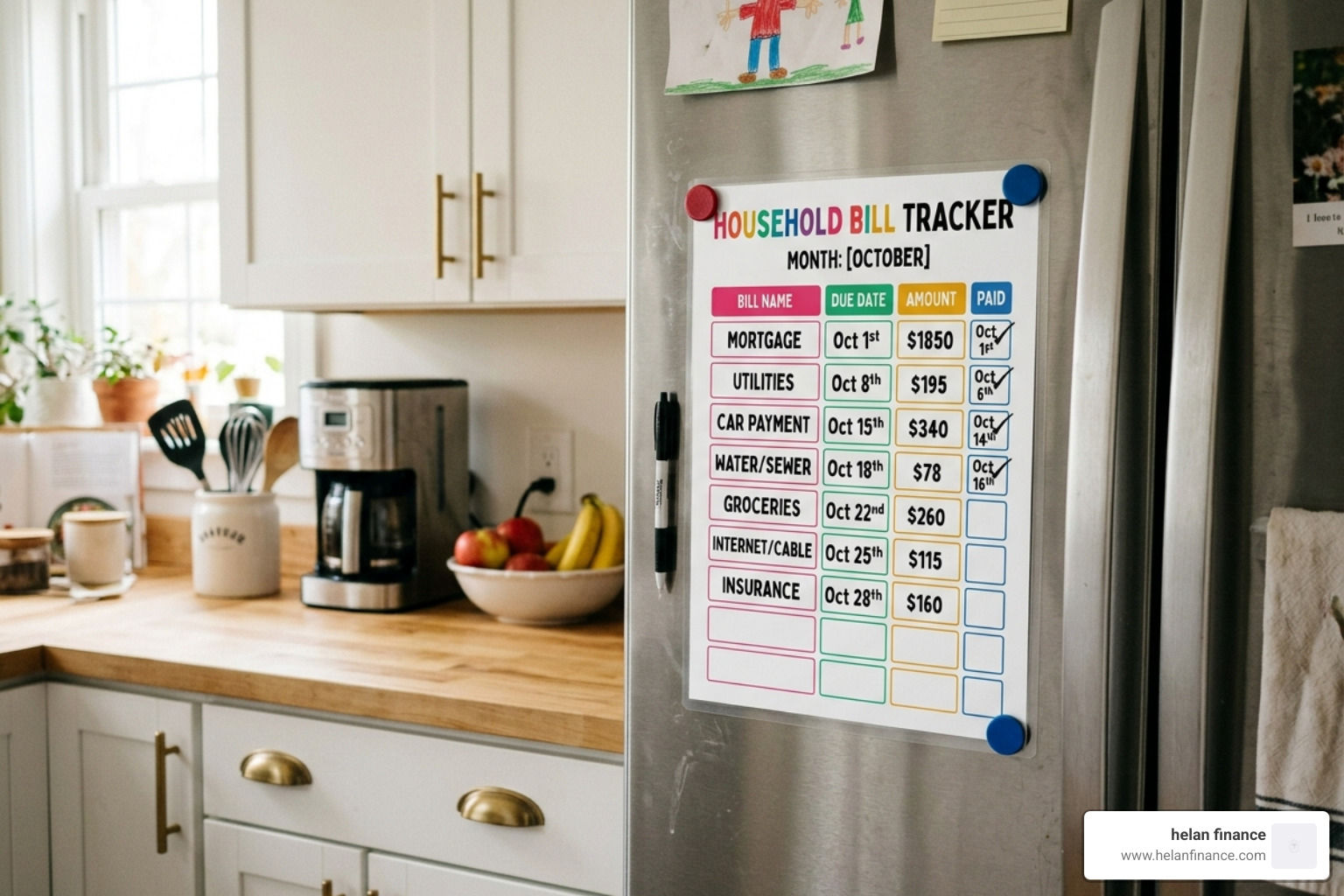 A colorful, organized printable bill tracker hanging on a refrigerator - bill calendar template