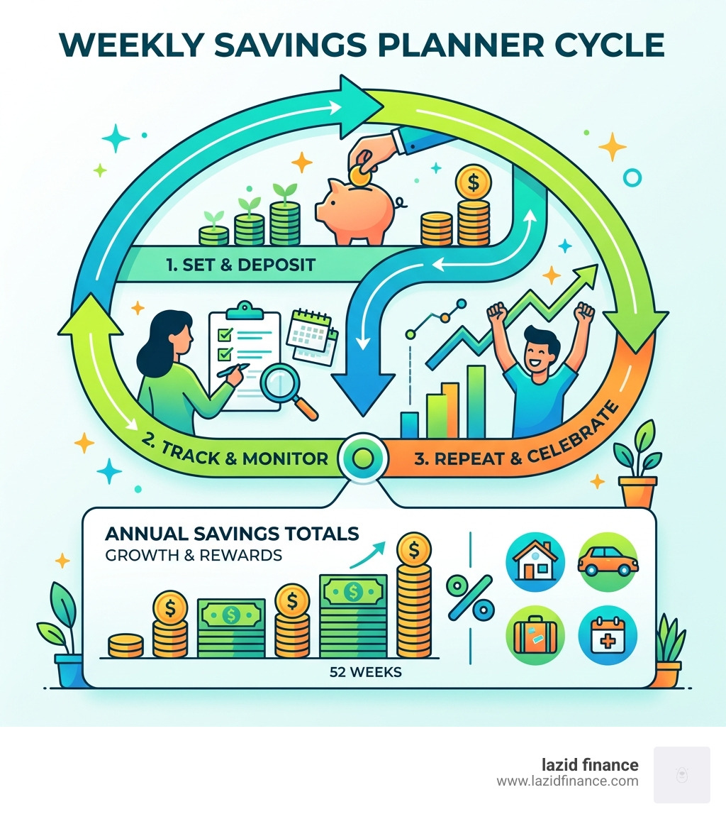 Weekly savings planner cycle showing weekly deposit, tracking, and annual savings totals - weekly savings planner
