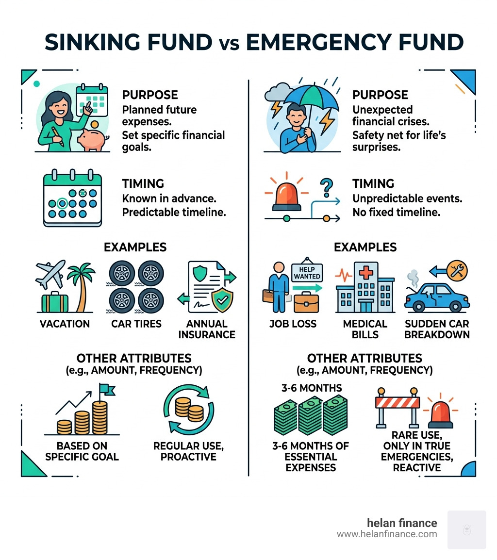Sinking fund vs emergency fund comparison infographic showing purpose, timing, and examples side by side - sinking fund vs