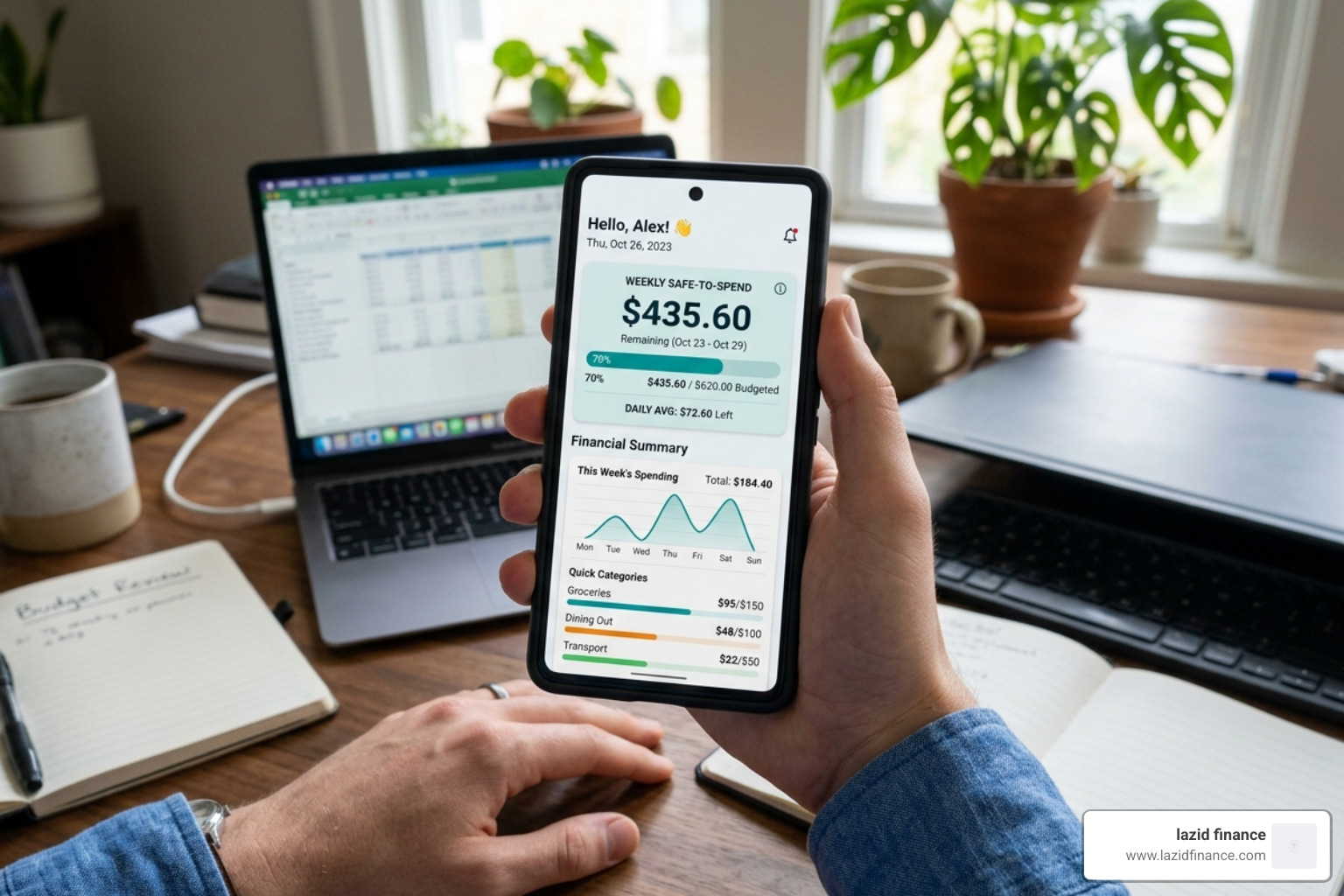 Digital dashboard showing a weekly Safe-to-Spend limit - weekly savings planner