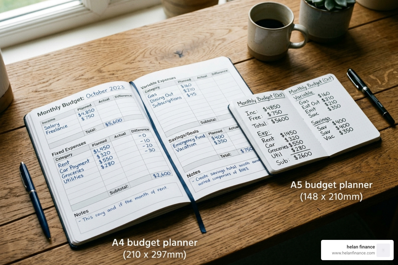 Comparison between A4 and A5 planner sizes showing the increased writing space of A4 - a4 budget planner