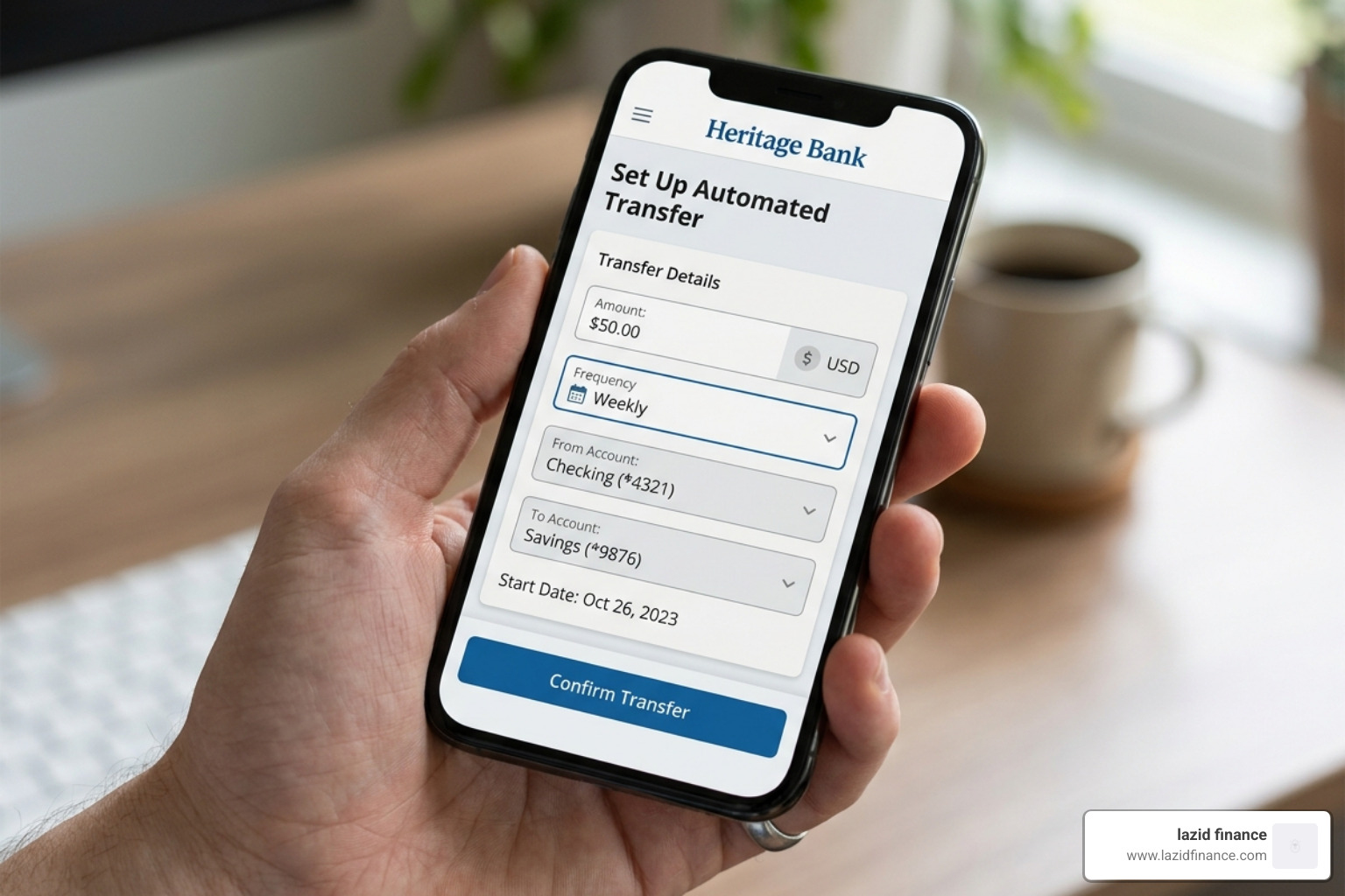 Smartphone displaying a banking app with a weekly automated transfer set up - weekly savings planner