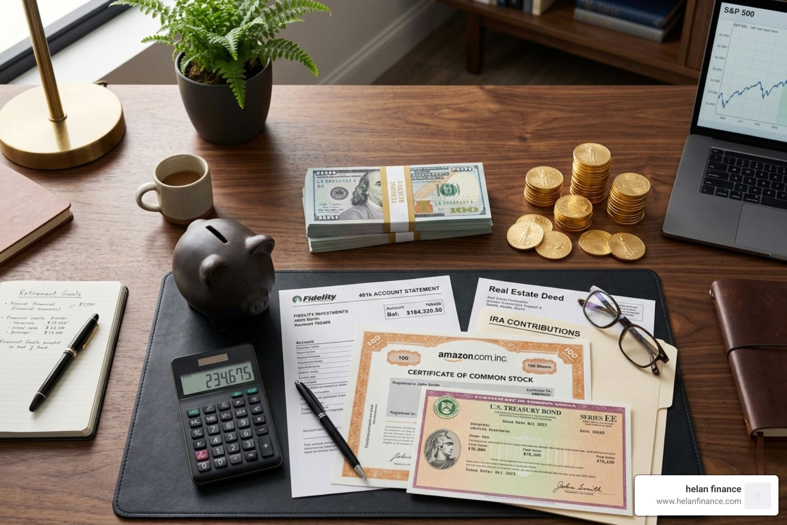 diverse financial assets including stocks, bonds, and retirement accounts - investment options for retirement