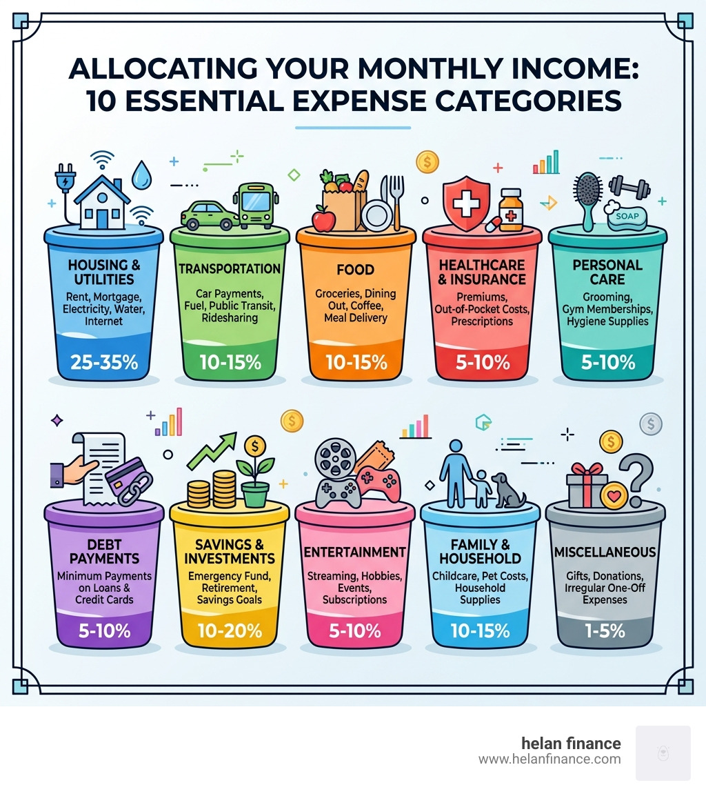 Monthly income split into 10 personal expense category buckets with percentage ranges - categories for personal expenses