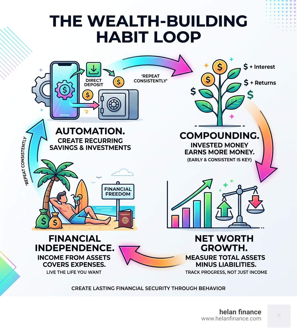 Wealth-building habit loop showing automation, compounding, net worth growth, and financial independence - wealth building