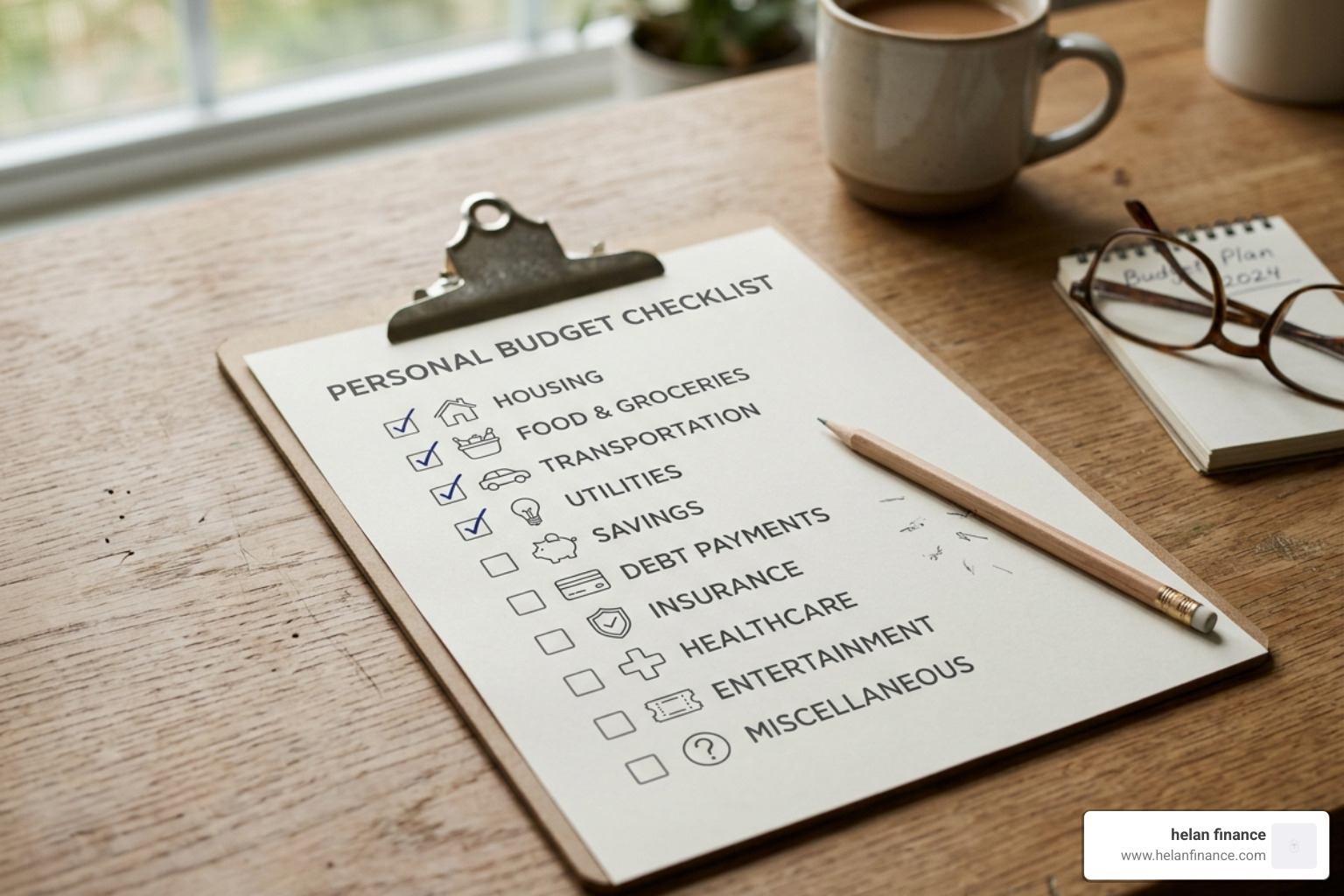 Checklist with ten icons representing core budget pillars like housing, food, and savings - categories for personal expenses