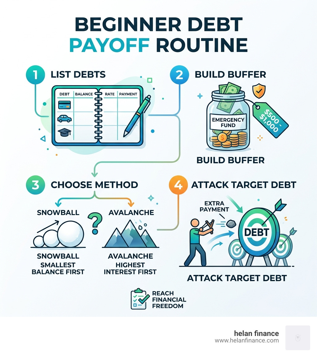 Steps of a beginner debt payoff routine: list debts, build buffer, choose method, attack target debt - beginner debt payoff