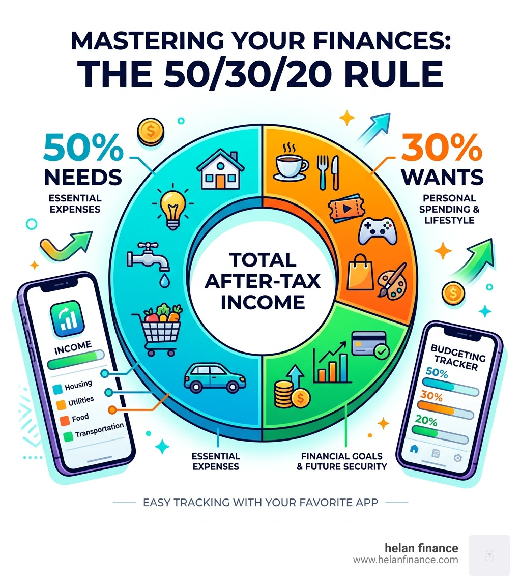 Infographic explaining the 50/30/20 budgeting rule for income and expense tracking - app to manage income and expenses