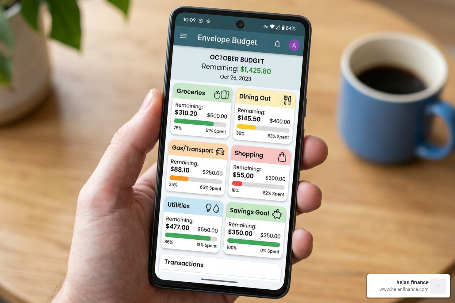 Virtual envelopes on a mobile screen showing budget limits - app to manage income and expenses
