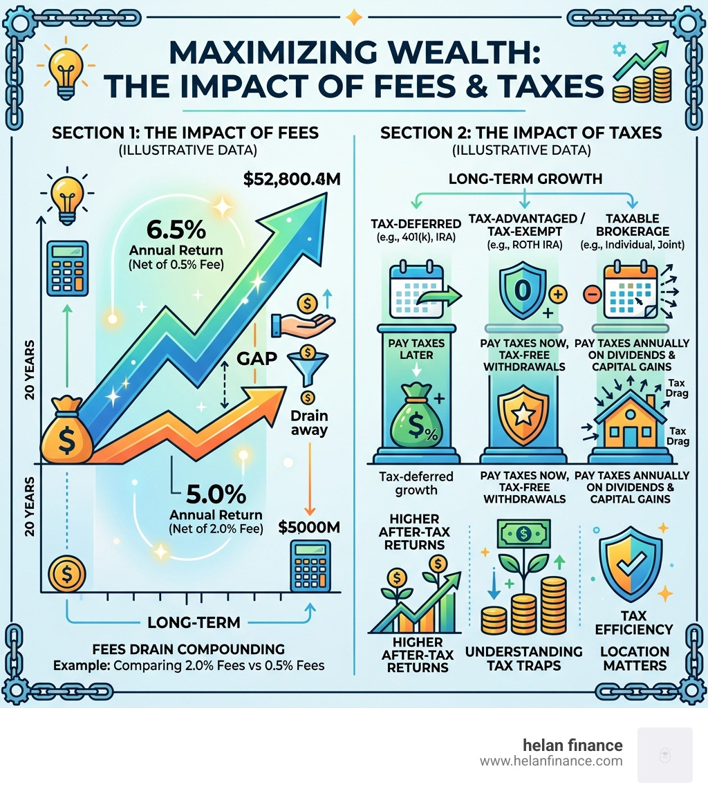 Infographic showing the impact of fees and taxes on long-term wealth accumulation - wealth building habits infographic 