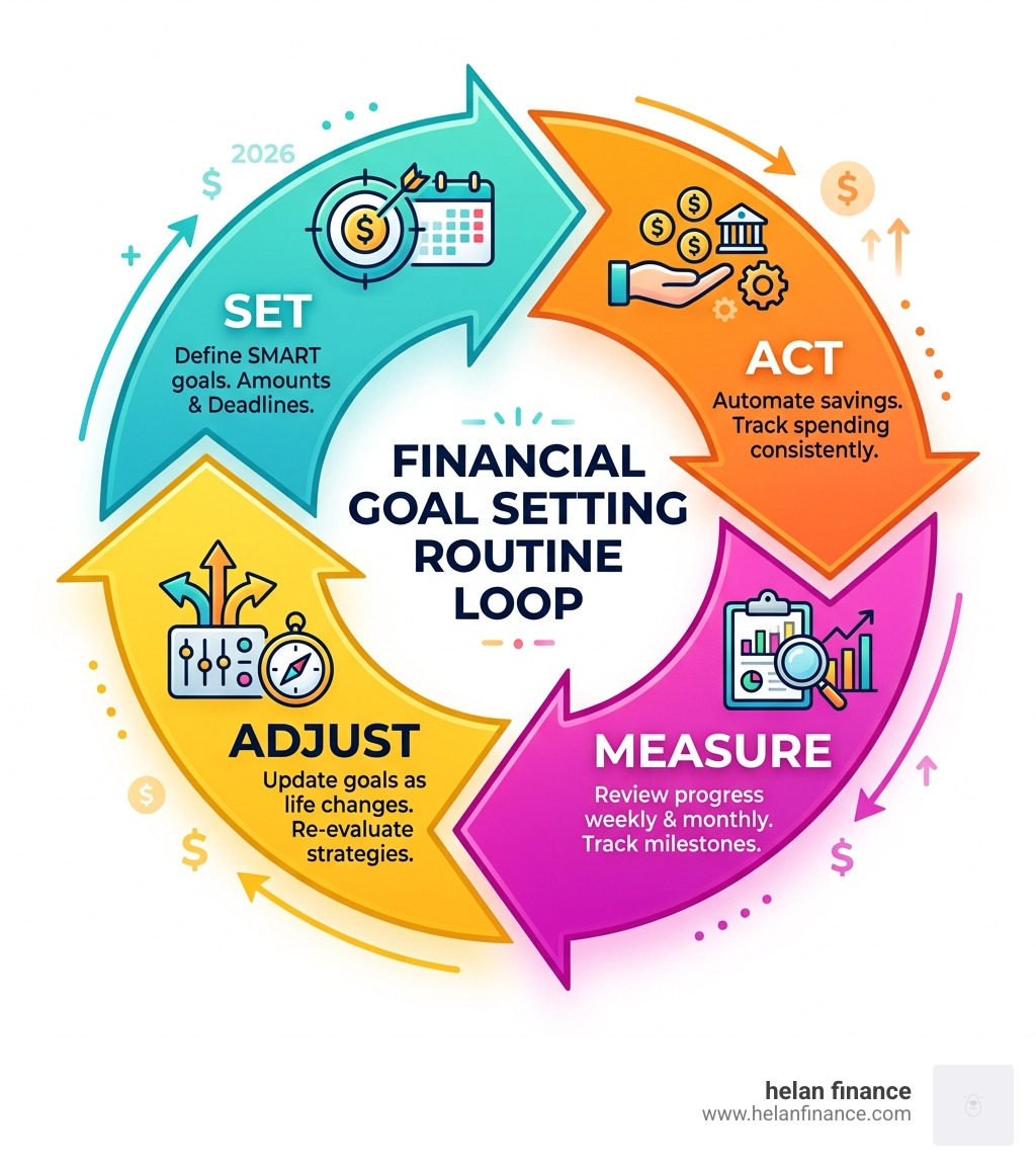 Set Act Measure Adjust financial goal setting routine loop infographic - financial goal setting routines infographic 