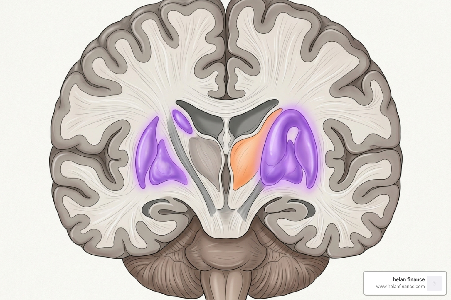 The human brain highlighting the basal ganglia, the center for habit formation - wealth building habits