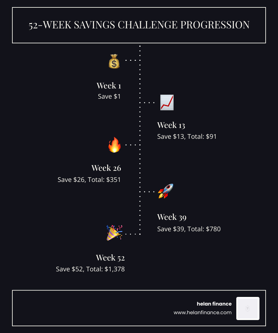 52-week money challenge progression from $1 to $1,378 with monthly milestones and savings totals - money saving plan