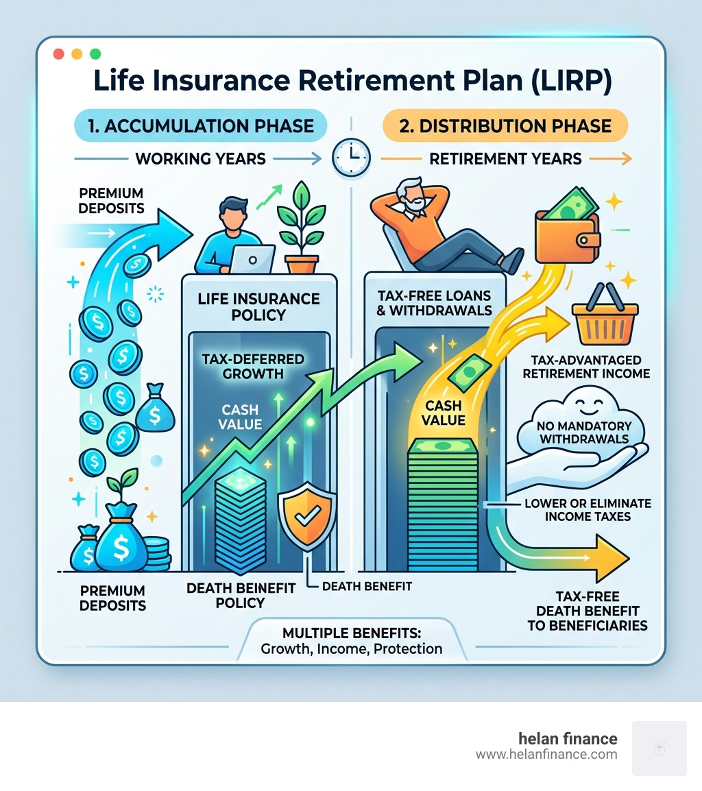 LIRP accumulation phase showing premium deposits building cash value and distribution phase showing tax-free loans - life