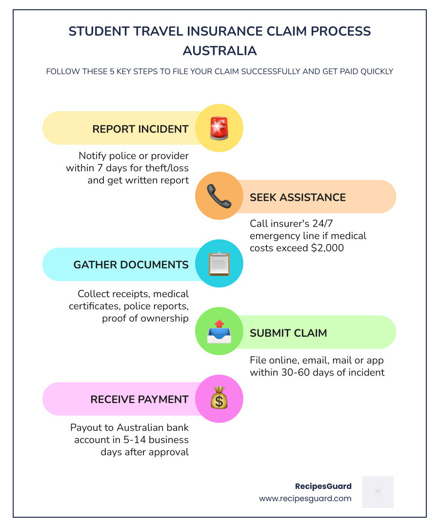 Student insurance claim lifecycle infographic: incident, report, document, submit, receive payout - student travel insurance