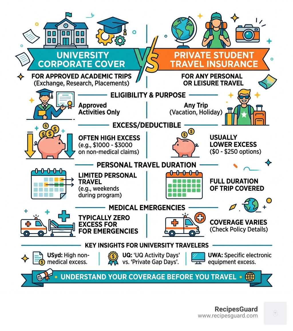 Infographic showing the difference between university cover and private travel insurance - student travel insurance claim