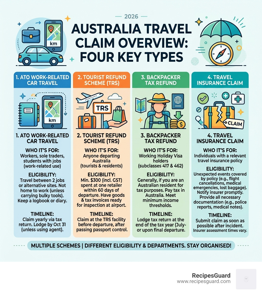 Four main types of Australian travel claims with timelines and eligibility overview - australia travel claim tutorial