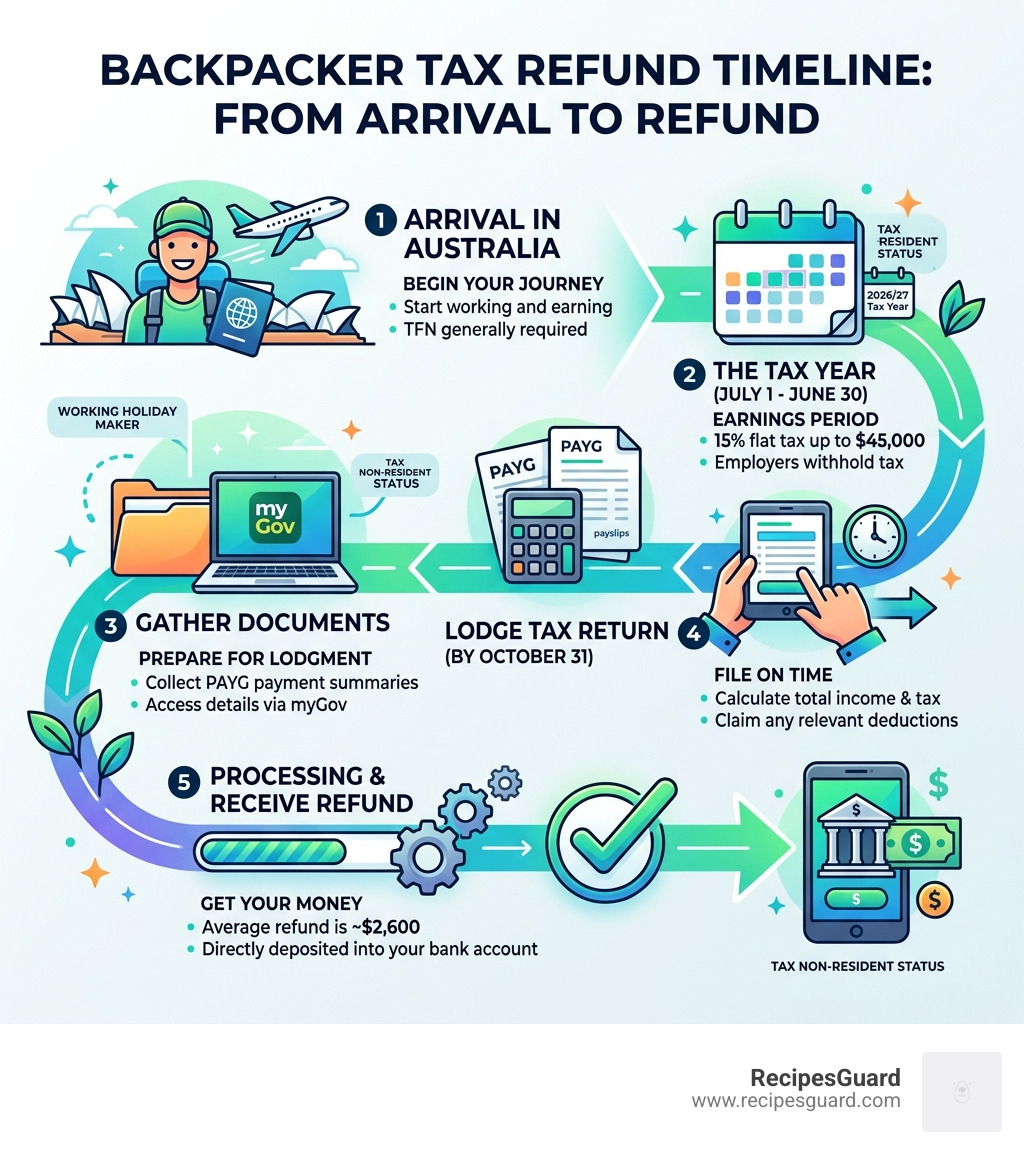 Backpacker tax refund timeline from arrival to refund receipt - australia travel claim tutorial infographic 