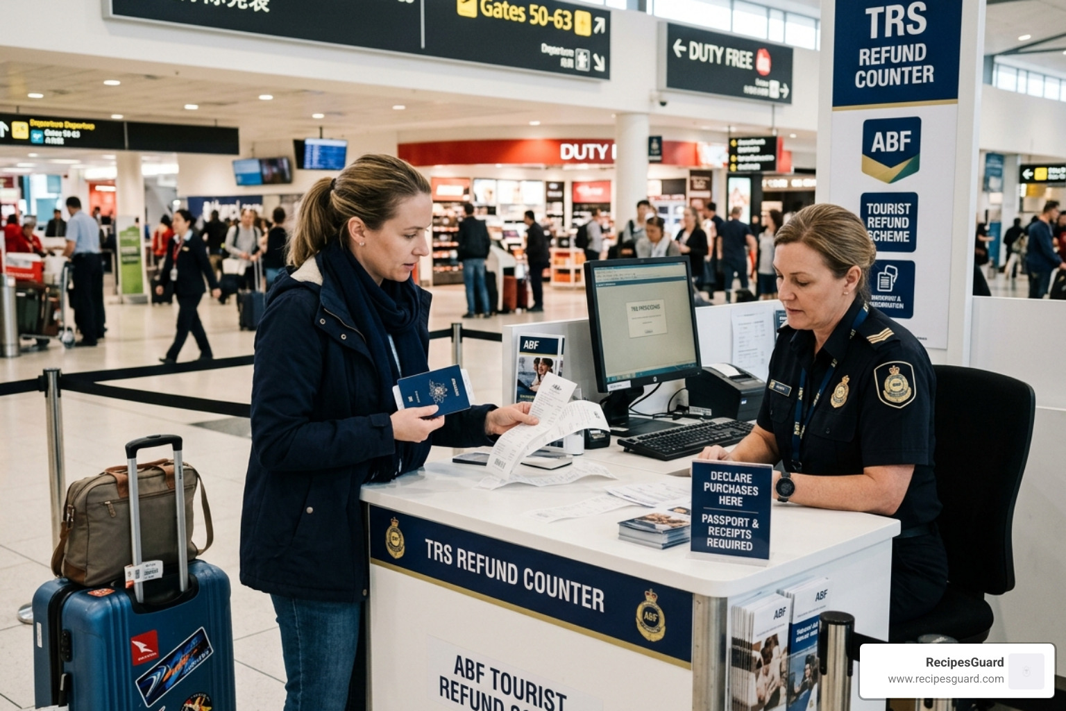A traveler presenting receipts at a TRS counter at an Australian airport - australia travel claim tutorial