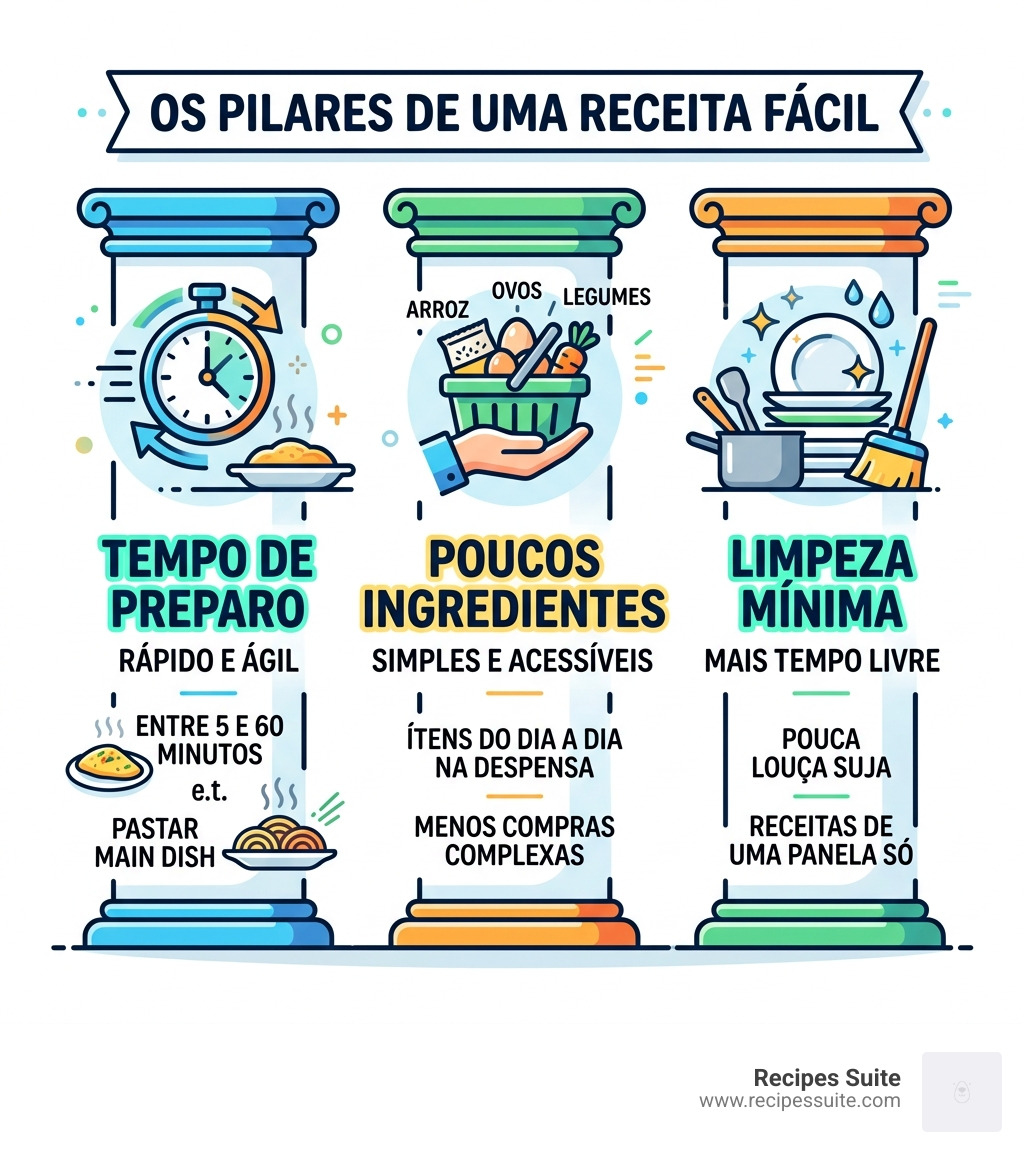 Infographic showing pillars of an easy recipe: preparation time, few ingredients, and minimal cleanup - receitas fáceis