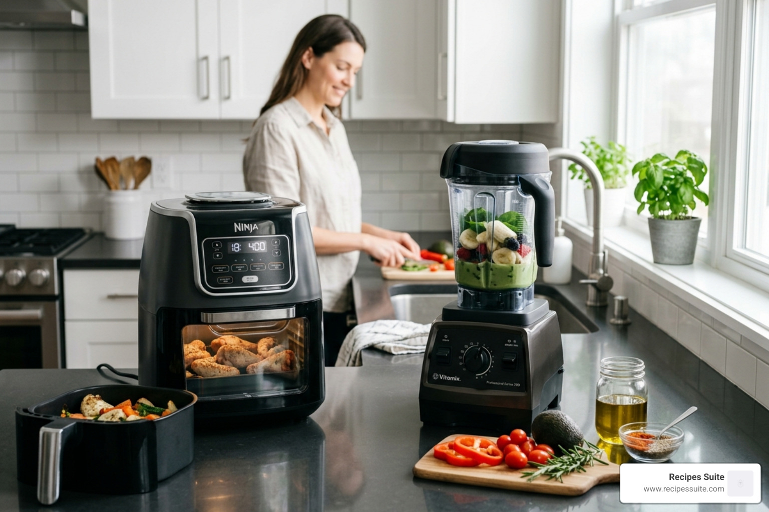 Modern kitchen appliances like an air fryer and a blender that save time and reduce mess - receitas fáceis