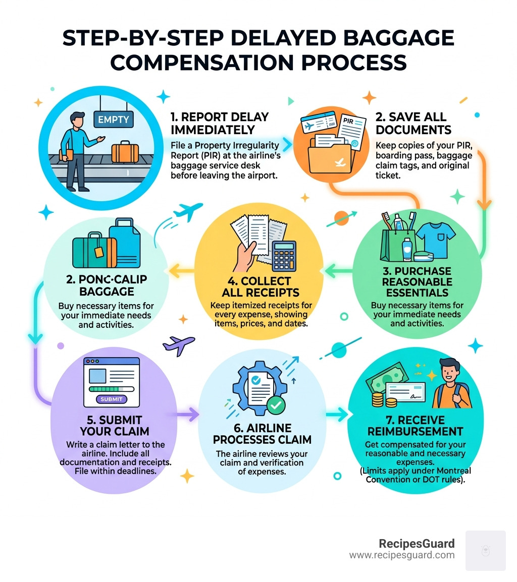 Step-by-step delayed baggage compensation process from reporting to reimbursement - delayed baggage compensation infographic 